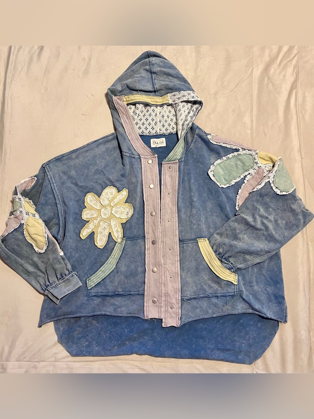 Oli & Hali Boho Patchwork Hooded button up Jacket in Blue with Pastel Floral